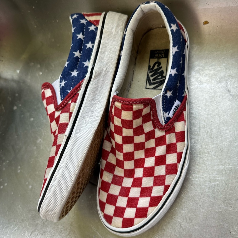 Men’s Vans Red and Blue Checkered Slip-On Shoes